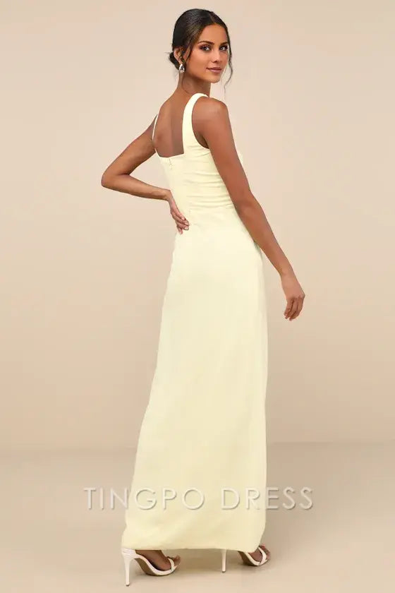 TingPo Wholesale Signature Elegance Glamorous Disposition Light Yellow Ruched Maxi Dress formal wear dresses